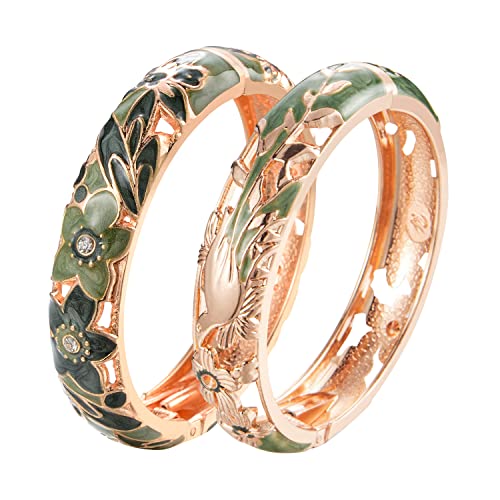 UJOY Handcraft Cloisonne Jewelry Bracelet Colorful Enamel Butterfly Flower Bird Hollowed Spring Hinged Cuff Bangles Women Gifts Pack in Box 88A11 - color: A11/A31-2 PCS-Green
