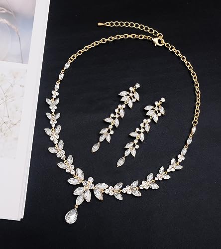 CSY Elegant Bridal Jewelry Sets Wedding Prom Homecoming Gown Accessories | Austrian Marquise Crystal Wedding Necklace Dangle Earrings Tennis Bracelet Ring Set for Bride Women Costume Accessories - color: white crystal-gold tone