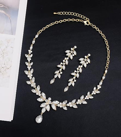 CSY Elegant Bridal Jewelry Sets Wedding Prom Homecoming Gown Accessories | Austrian Marquise Crystal Wedding Necklace Dangle Earrings Tennis Bracelet Ring Set for Bride Women Costume Accessories - color: white crystal-gold tone