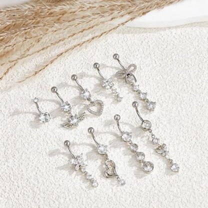 MEDOJO 7Pcs Belly Button Ring Pink Surgical Stainless Steel Belly Ring Bow Butterfly Heart Flower Navel Ring Belly Piercing for Women - color: Silver