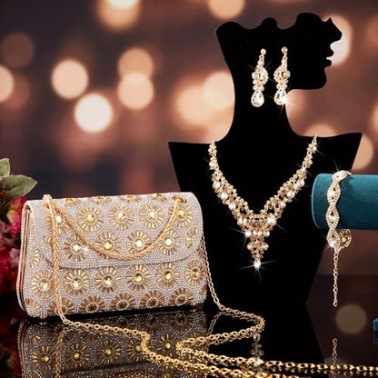 Quelay 4 Pcs Purse Rhinestone Jewelry Set Women | Wedding Bridal Prom Jewelry Sparkly Clutch Handbag with Necklace Bracelet Dangle Earrings Shiny Costume Kit - color: Champagne, style: Sparkly