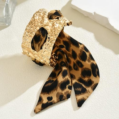 Chunky Gold Hammered Bracelets for Women, Leopard Print Scarf Big Golden Stainless Steel Cuff Bangle Silk Styling Charm Stackable Statement Jewelry Gifts - color: Large size -4.5cm