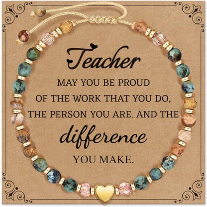 Inspirational Bracelets Gifts for Women: Healing Natural Stone Beads Bracelets - Birthday Mothers Day Gifts Thinking of you Get Well Soon Gift for Women Friends Sister Mom - color: HEART-TEACHER