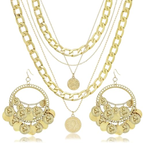 2 Pcs Layered Golden Pirate Necklace Earrings for Women Chunky Chain Layered Necklace Boho Gypsy Hoop Earrings Punk Grunge 80s 90s Coin Pendant Jewelry Halloween Pirate Costume Accessories - color: Polish Golden B