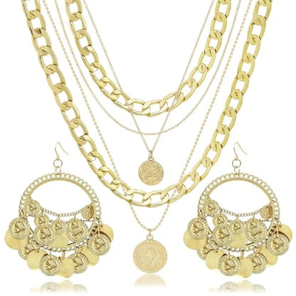 2 Pcs Layered Golden Pirate Necklace Earrings for Women Chunky Chain Layered Necklace Boho Gypsy Hoop Earrings Punk Grunge 80s 90s Coin Pendant Jewelry Halloween Pirate Costume Accessories - color: Polish Golden B