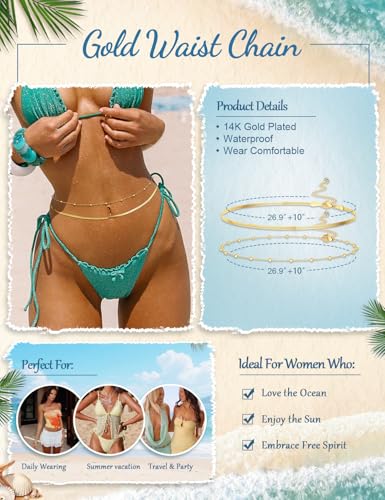Gold Layered Waist Chain for Women, Adjustable Belly Chain | Adjustable layered waist chain for beach days, summer outfits, festivals, vacations, parties, and daily styling - style: Gold Style 3