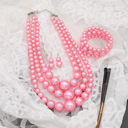 We We Imitation Pearl Necklace for Women Large Chunky Pearl Necklaces Multilayer Pearl Necklace and Earring 1920s Costume Jewelry set - color: pink pearl necklace set