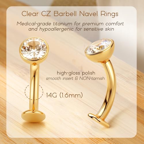 Upgraded Wearability Floating Belly Button Ring, G23 Titanium Internally Threaded Belly Button Piercing 14G, Curved Barbell Belly Rings, Pink Clear CZ Navel Rings with 10mm and 12mm Bar, Silver Gold Plated - color: Gold,Clear CZ