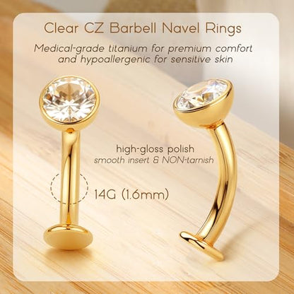 Upgraded Wearability Floating Belly Button Ring, G23 Titanium Internally Threaded Belly Button Piercing 14G, Curved Barbell Belly Rings, Pink Clear CZ Navel Rings with 10mm and 12mm Bar, Silver Gold Plated - color: Gold,Clear CZ