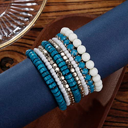 LUREME Boho Multi Strand Stackable Stretch Bracelet Set Wooden Cube Alloy Bead Bangle bl003172 - color: Blue