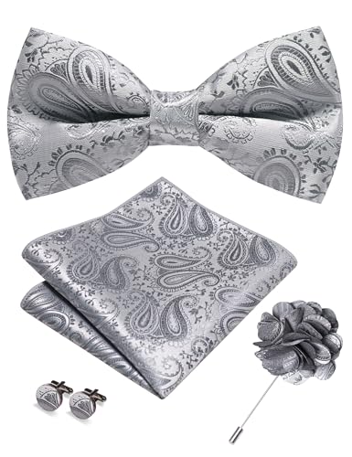 JEMYGINS Mens Paisley Bow Tie and Lapel Pin Necktie Pocket Square and Tie Clip with Sets for Business Casual 4PCS - color: Silver
