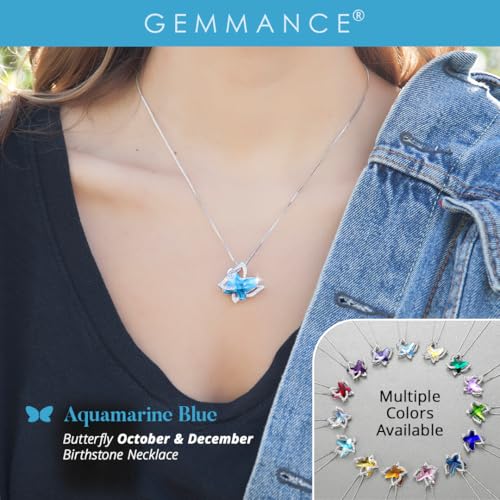 Butterfly Necklace, Birthstone Crystal, for Women, Silver Tone Pendant Jewelry, Anniversary Birthday Gift for Her, Wife & Mom, 18"+2" - color: 12a-December Birthstone - Aquamarine Blue Crystal