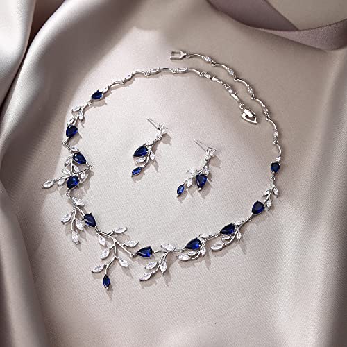Cubic Zirconia Leaf Vine Wedding Jewelry Set for Bride Women Bridesmaid | Pear-Shaped Birthstone, Necklace Dangle Earrings for Bridesmaid, Silver-Plated-Brass - color: 2pcs_Sapphire Blue