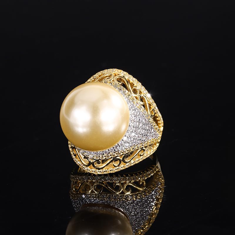 Large Cream South Sea Faux Pearl Statement Ring Hollow Scroll Micro Pave Crystal Adjustable Open Band For Women Formal Cocktail Jewelry
