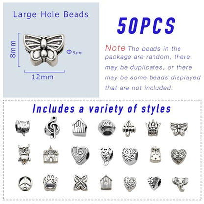 stino Large Hole Silver Metal Spacer Beads for Jewelry Making, Bracelet Earrings Necklace Findings & Supplies 512 (Large Hole (50PCs)) - color: Large Hole (50PCs)