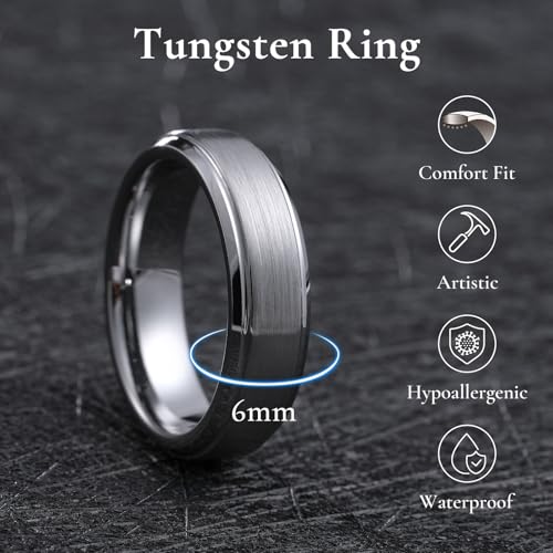 King Will Classic Tungsten Wedding Band for Men, 6/7/8/9/10mm Widths, Polished Finish Step Edge Matte Rings Comfort Fit - color: 6mm+8mm Silver