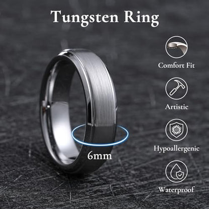 King Will Classic Tungsten Wedding Band for Men, 6/7/8/9/10mm Widths, Polished Finish Step Edge Matte Rings Comfort Fit - color: 6mm+8mm Silver