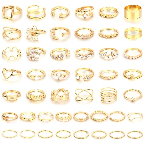 CHICUTIE Gold Knuckle Rings Set For Women Stackable Joint Finger Midi Rings Dainty Cubic Crystal Zirconia Simple Hollow Twist Cute Rings Pack Jewelry Gift - style: 46pcs Gold