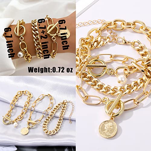 IFKM 6 PACK (24 PCS) Boho Gold Chain Bracelets Set for Women, 14K Gold Plated Multiple Layered Stackable Open Cuff Wrap Bangle Adjustable Link Italian Cuban Jewelry for Women Gift - style: 22PCS GOLD BRACELET