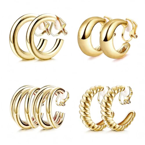 4 Pairs Gold Clip On Earrings, Non-Pierced Lightweight Hoops for Women, Comfortable for Daily & Party Wear
