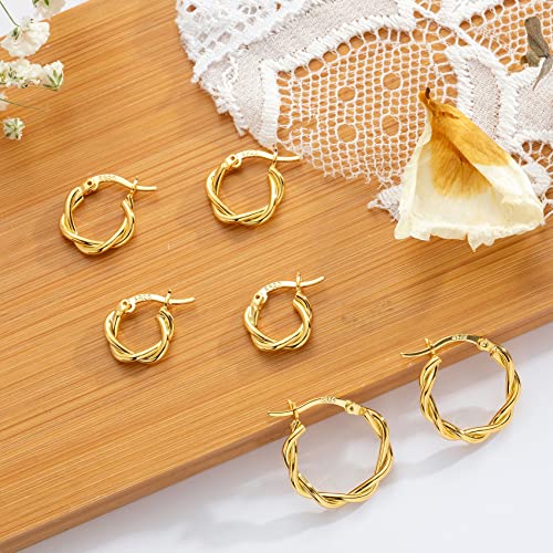 PABBEU 925 Sterling Silver Small Hoop Earrings Set for Women Hypoallergenic | 3Pairs Cubic Zirconia Small Huggie Hoop Earrings Set 13/15/20mm,Nickel-Free Lightweight Comfortable Sleeper Earrings Gift Set - color: 13/15/20mm M Gold