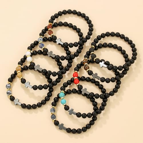 Beaded Bracelets Cross Bracelet for Women Men Lava Rock Turquoise Tiger Eye Natural Bracelet Anxiety Healing - color: 10 Pcs- black Hematite cross A