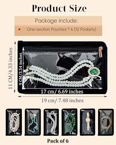 Travel Jewelry Organizer Case Refill Pages-12 Compartments Clear Zipper Velvet Pockets for Rings Earrings Necklaces,1-Section Replacement Pages, Black,Pack of 6 - color: 1-Section Inner Pages,Black,Pack of 6