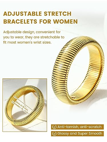 KeyStyle Bangle Bracelets For Women, Stainless Steel Stretch Bracelet Wide | 14K Gold/Rose Gold/Black/Silver Plated Flexible Wide Twisted Link Chain Wristband Jewelry, 10Mm, 16Mm, 20Mm - color: 16mm - Gold