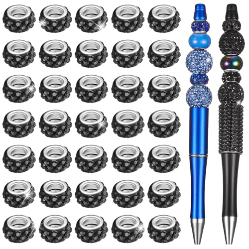 Junkin 120 Pcs Large Hole Beads 11 mm European Crystal Charm Spacer Rhinestone Colorful European Beads for Pens Making Bulk Beadable Pens Jewelry Making Supplies DIY Crafts Bracelet(Black) - color: Black