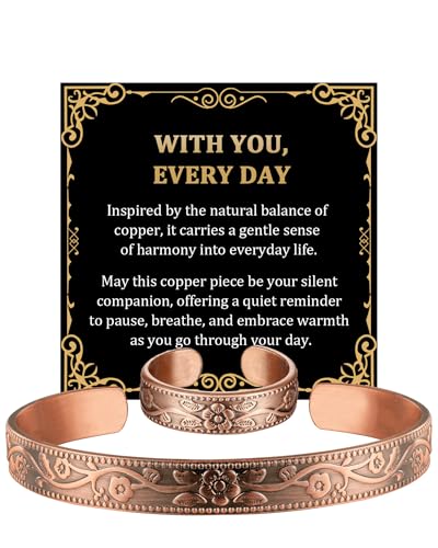 BioMag Pure Copper Bracelet & Ring for Women Men, 99.99% Solid Handmade Copper Cuff Bangle, Adjustable Jewelry Gift with Gift Box - color: Copper-Flower