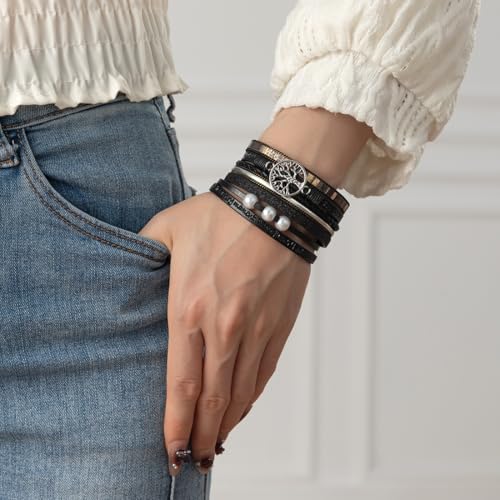 Rantanto Leather Wrap Bracelets For Women Gold Twist Lock Buckle Wrist Cuff | PU leather,Skin-friendly,Boho Stackable Wristband,Fashion Daily Jewelry,Trend Casual Party Bangle,Fit For Birthday, Holiday - color: Tree Life Black