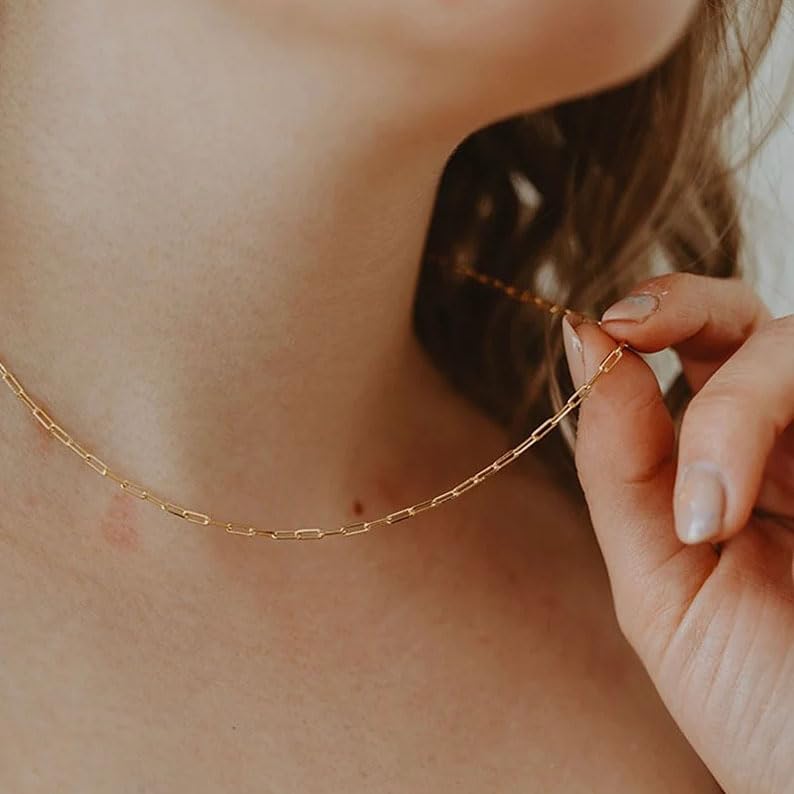 Dainty Choker Necklace for Women 18K Gold Plated Shining Dots Box Chain Sparkle Necklaces Cute Paperclip Link Herringbone Necklace Exquisite Jewelry Gifts for Mom Girlfriend - style: Small Paperclip GD
