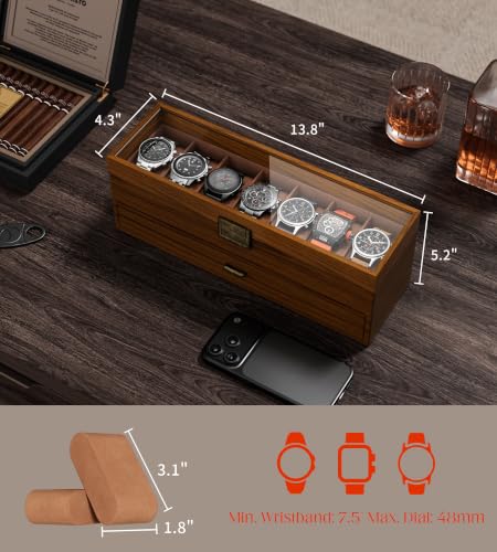 Watch Case Box for Men - Ultra-thin Frame Wide Display 7 Slots 2-Layer Wood Grain Watch Storage Organizer with Jewelry Drawer, Real-glass Display Case Collection Box Gift for Dad Husband - size: 7 Slots, Wooden Pattern