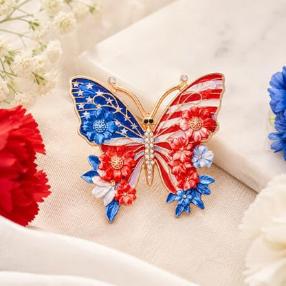 Butterfly American Flag Brooch Pin for Women Sparkly Crystal Red Blue Butterflys Brooches Pins Colorful Enamel Butterfly Statement Pin Patriotic Jewelry Accessorie Gifts - color: RedBlue