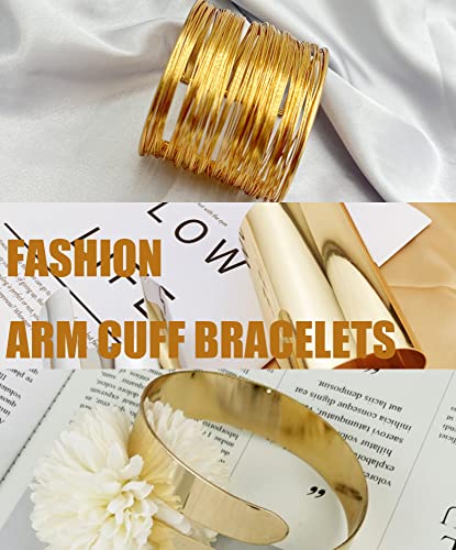 BOMAIL 6 Pieces Gold Upper Arm Cuff Band Bracelet Set | Minimalist Simple Swirl, Open Wide Wire, Adjustable,Women Bangle Bracelets,Versatile Summer Party Jewelry