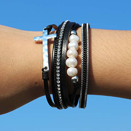 Vercret Leather Wrap Bracelet for Women, Multi-Layer Cuff Bangle | Boho Stacked Bracelets with Safe Clasp Western Bangle Jewelry Gift for Lady and Mom Sister Friend - style: Pearl Cross Black