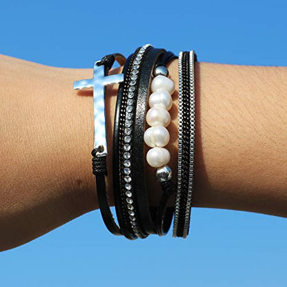 Vercret Leather Wrap Bracelet for Women, Multi-Layer Cuff Bangle | Boho Stacked Bracelets with Safe Clasp Western Bangle Jewelry Gift for Lady and Mom Sister Friend - style: Pearl Cross Black
