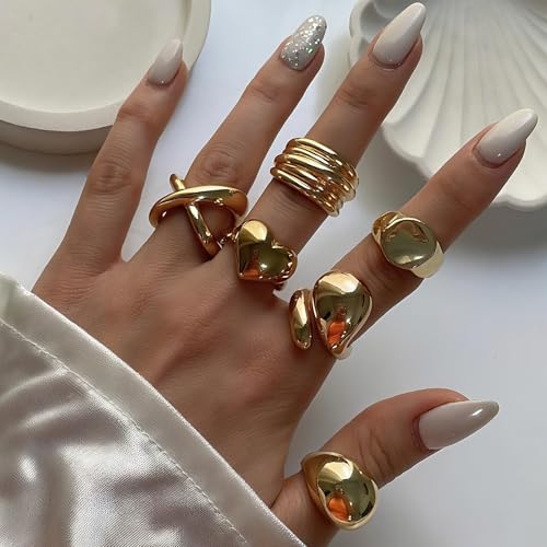 17 MILE Chunky Gold Stackable Rings for Women Non Tarnish, 18K Gold-Plated Statement Open Stacking Rings, Knuckle Band Ring Set - color: Gold 6 Pcs Rings