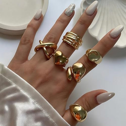 17 MILE Chunky Gold Stackable Rings for Women Non Tarnish, 18K Gold-Plated Statement Open Stacking Rings, Knuckle Band Ring Set - color: Gold 6 Pcs Rings