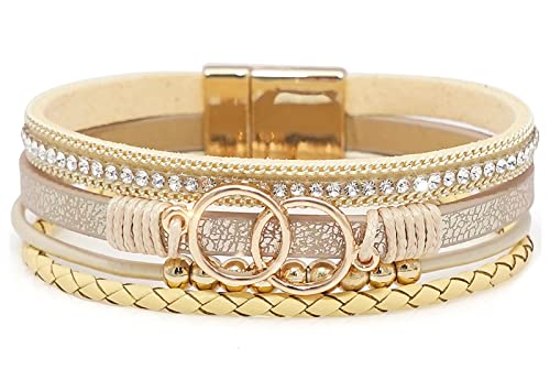 Multi-layer Leather Bracelets Multi-strand Wrap Bracelets Handmade Braided Rope Cuff Bangle with Magnetic Buckle Jewelry - color: Circle
