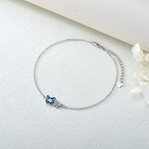 925 Sterling Silver Anklet Foot Bracelet with Crystal from Austria, Anklet Jewelry Gifts for Women 11 Inch Adjustable - style: C-Butterfly