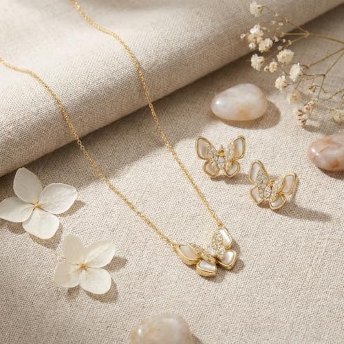 Gold Silver Stud Earrings Pendent Necklace Sets for Women, Dainty Rhinestone Crystal Necklace Earing Jewelry Set Wedding Accessories Fashion Holiday Gift - color: Butterfly earring necklace