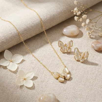 Gold Silver Stud Earrings Pendent Necklace Sets for Women, Dainty Rhinestone Crystal Necklace Earing Jewelry Set Wedding Accessories Fashion Holiday Gift - color: Butterfly earring necklace
