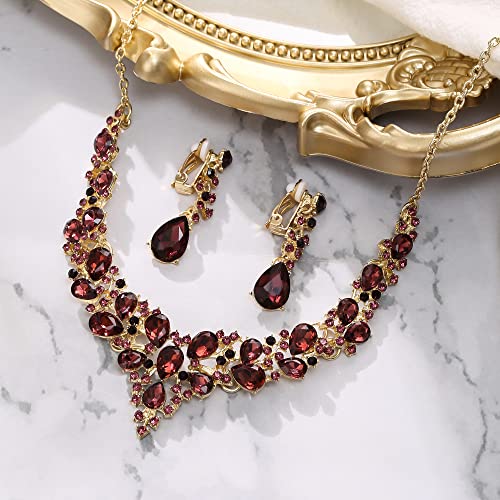 Wedding Statement Necklace Clip-on Earrings Jewelry Set | Sparkling Austrian Crystal Teardrop Cluster for Party Prom Accessories - color: 10-Deep Amethyst Color Gold-Tone