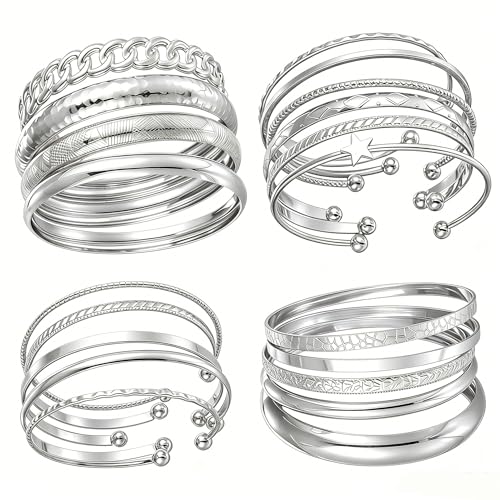 ÌF ME Gold Bangle Bracelets for Women, 19Pcs Multi Stackable Textured Bangles Set, 14K Gold Plated Chunky Bracelet Boho Jewelry Gifts - color: Silver