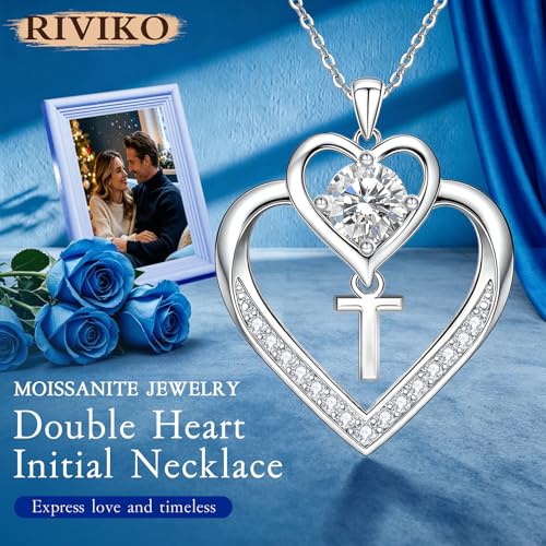 RIVIKO 1 Carat Moissanite Heart Initial Necklace for Women,Letter Pendant | 925 Sterling Silver Chain,Personalized Jewelry,Anniversary Birthday Gifts for Wife Friend Mom - color: Letter T