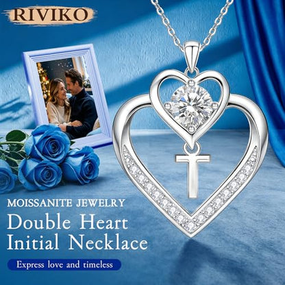 RIVIKO 1 Carat Moissanite Heart Initial Necklace for Women,Letter Pendant | 925 Sterling Silver Chain,Personalized Jewelry,Anniversary Birthday Gifts for Wife Friend Mom - color: Letter T