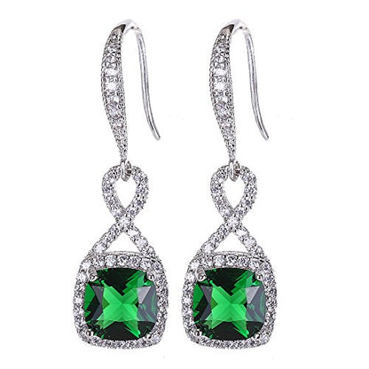 AMYJANE Crystal Jewelry Set for Women - Sterling Silver Square Cubic Zirconia CZ Bridal Pendant Necklace Earrings Set for Wedding Bride Bridesmaids Birthstone Fashion Jewelry Set - color: Emerald