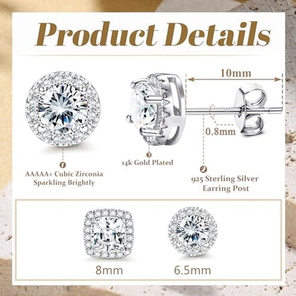 18K Gold Plated Halo Stud Earrings 925 Sterling Silver Cubic Zirconia Stud Earrings Round Square Diamonique Stud Earrings Set for Women Men - color: Silver1