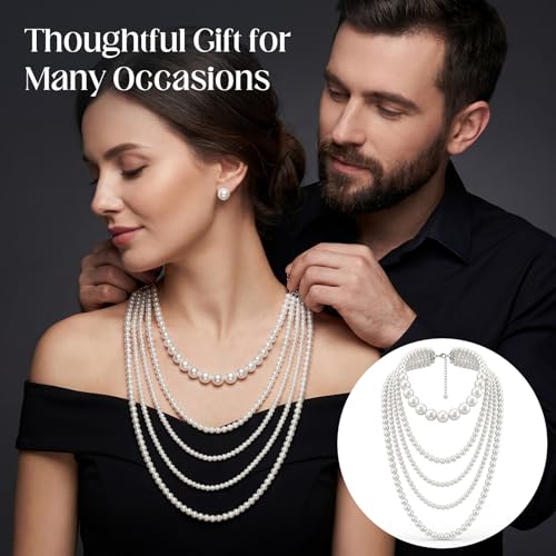 Aurelema Multilayer Long Pearl Necklaces for Women Adult Faux Pearl Tassel Strand Layered Beaded Choker Jewelry for Costume Evening Party Daily Wear